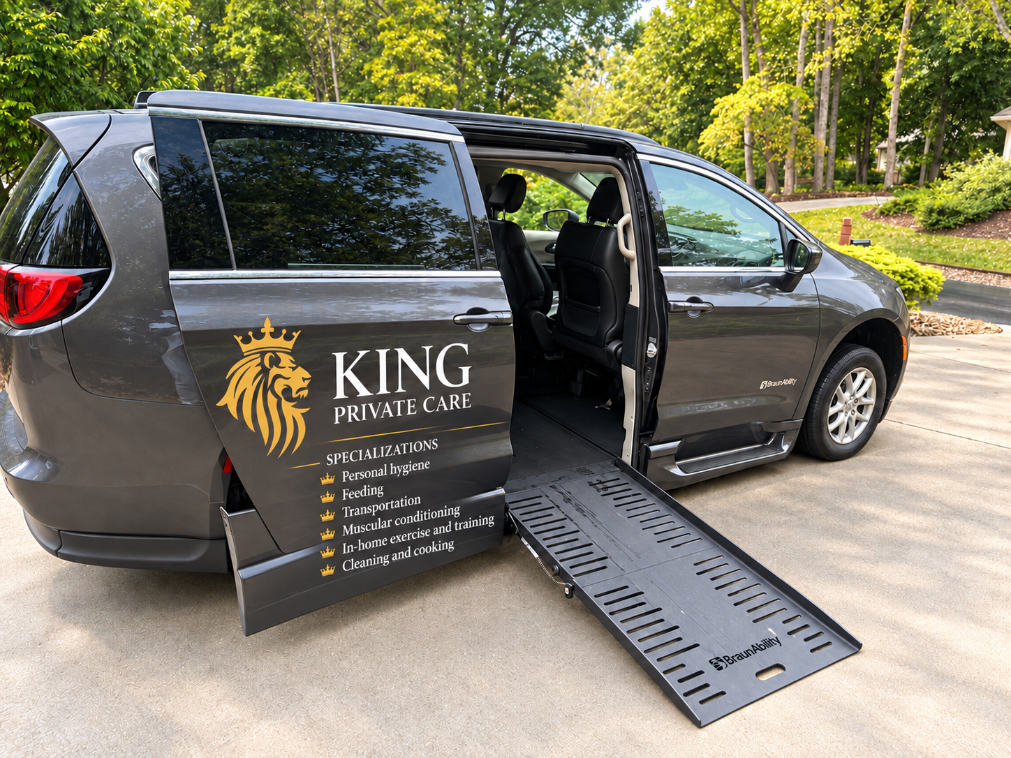 King Private Care branded accessible van with its side ramp deployed and services listed on the door
