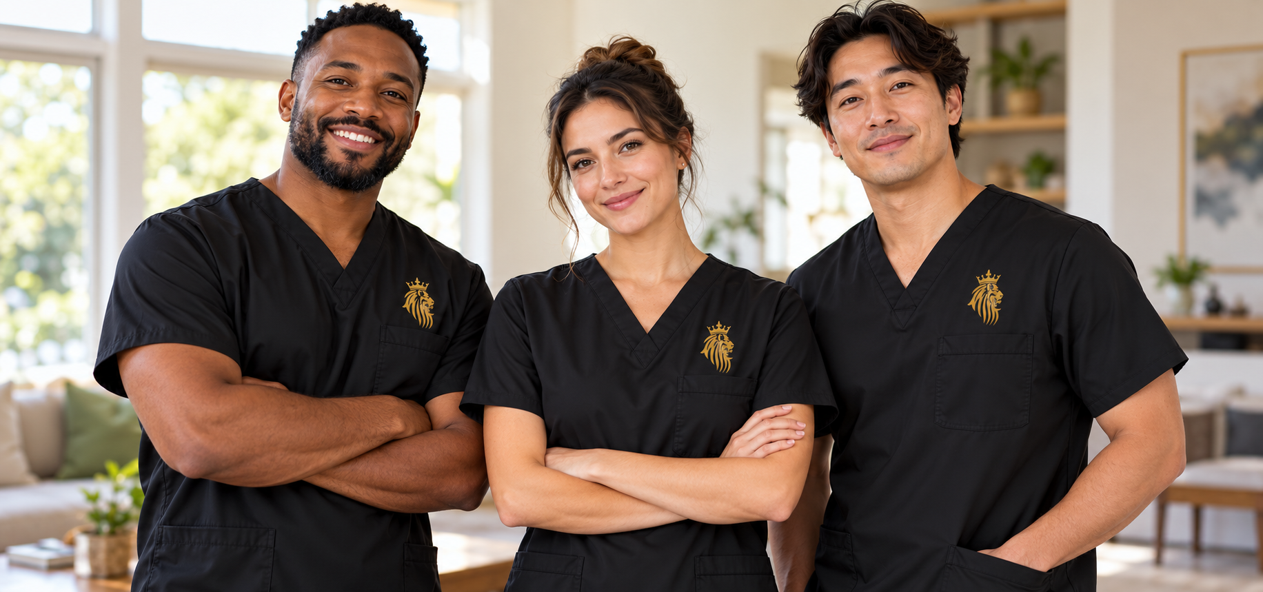 Illustration of three caregivers wearing black King Private Care scrubs