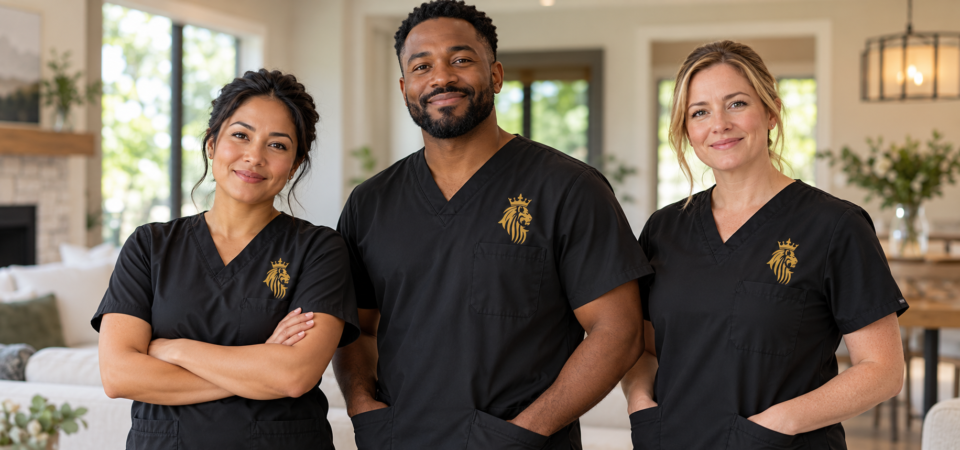 Illustration of three caregivers in black King Private Care scrubs