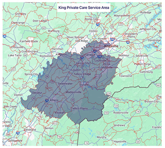 Map showing the King Private Care service area, highlighted in dark gray, covering Knoxville and surrounding regions in Tennessee.